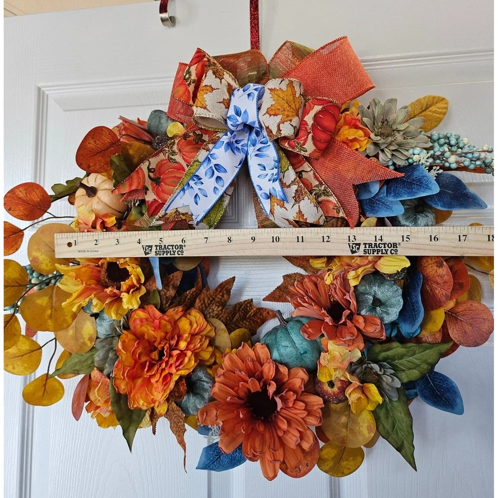 Handmade Fall Wreath Autumn Front Door Decor Teal Orange Pumpkins Sunflowers 24
